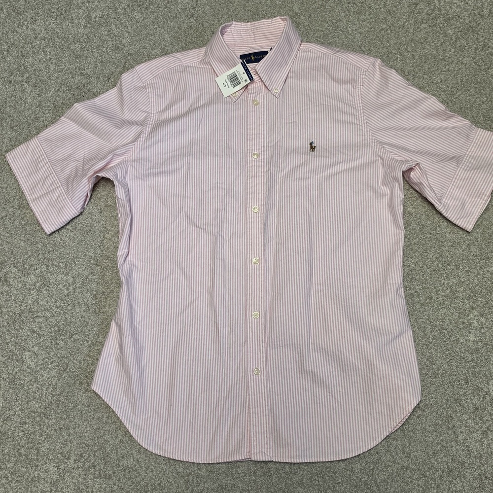 Ralph Lauren Women's Oxford Shirt L Pink White Stripe Pony Button Down NWT